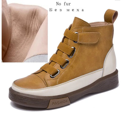 Damen-Ankle-Boots aus Leder, gelbbraun, mit Schnallen und flacher Sohle