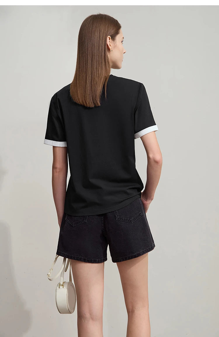 Damen Freizeit-T-Shirt mit Rundhalsausschnitt und Farbblockierung für den Sommer