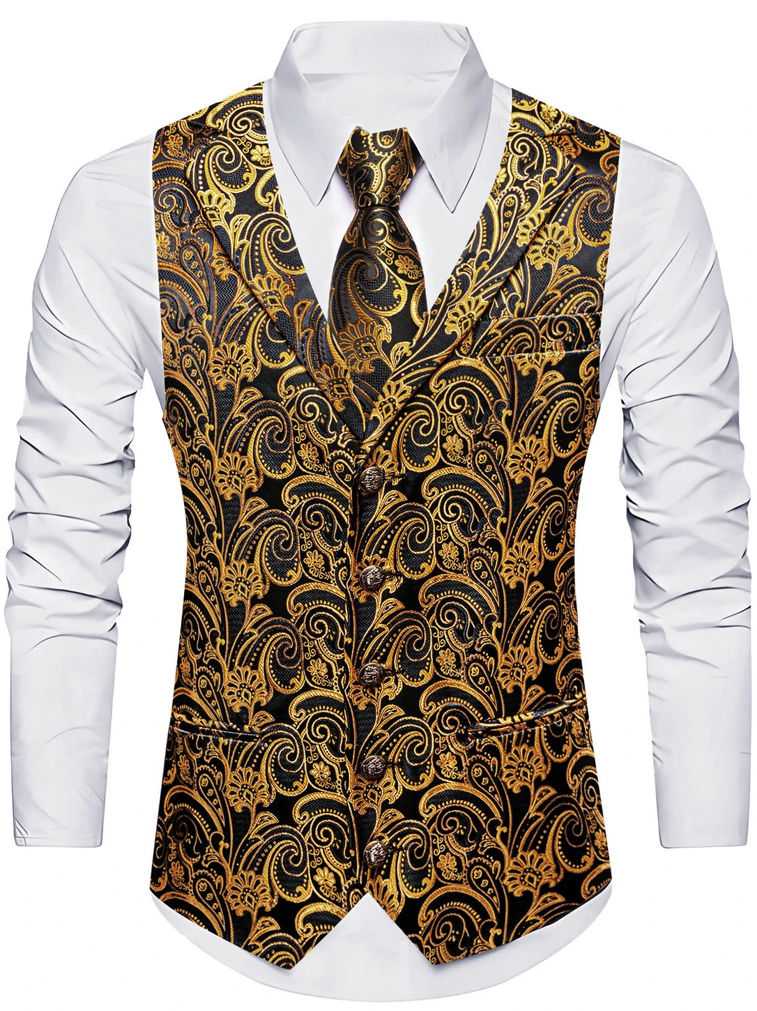 Herrenweste mit goldenēm Barock-Jacquard auf Schwarz, V-Ausschnitt über weißem Hemdkragen