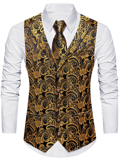 Herrenweste mit goldenēm Barock-Jacquard auf Schwarz, V-Ausschnitt über weißem Hemdkragen