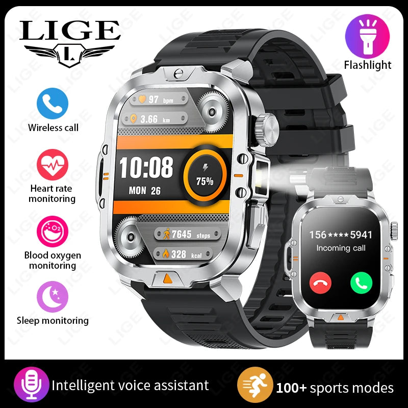 LIGE Neue Smart Watch 2,01" HD Display Taschenlampe Bluetooth Anruf 410mAh Batterie Robuste Smartwatch Wasserdichte Smart Armband