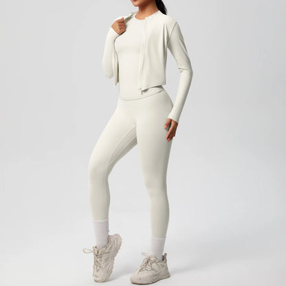 Damen-Yoga-Set in Hellbeige: High-Waist Leggings und langärmliges Top mit Reißverschluss