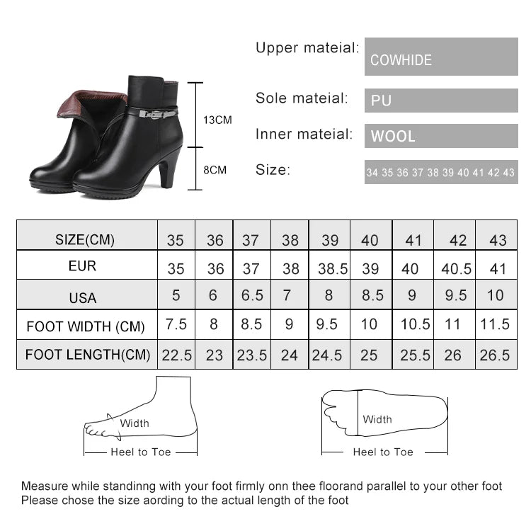 Größen- und Materialübersicht für Damen-Ankle-Boots: Wolle innen, PU-Sohle, Cowhide-Optik