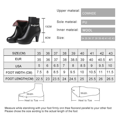 Größen- und Materialübersicht für Damen-Ankle-Boots: Wolle innen, PU-Sohle, Cowhide-Optik