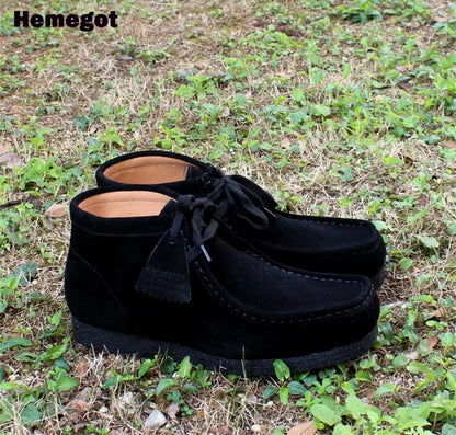 Schwarze Herren-High-Top-Schuhe aus Veloursleder mit Schnürung und dicker Sohle