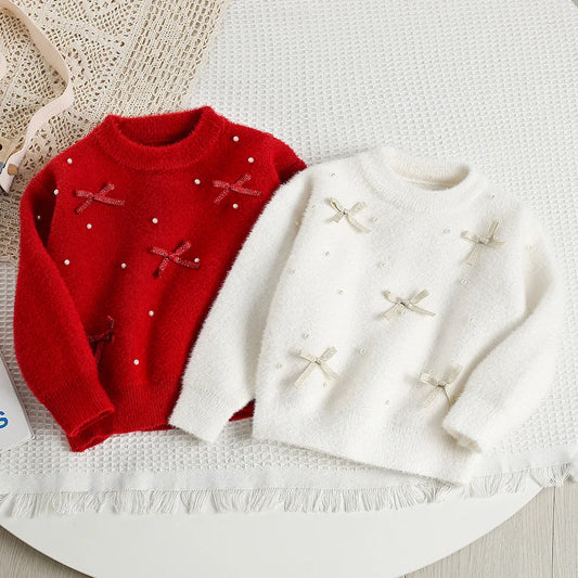 Mädchen Pullover mit niedlichem Bogen und Perlen für die Herbstsaison