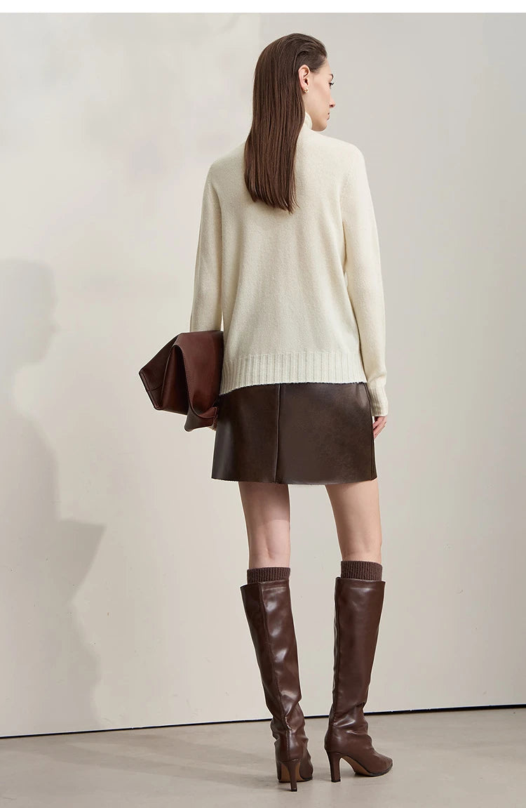 Damen-Rollkragenpullover 100 % Wolle locker Herbst-Winter