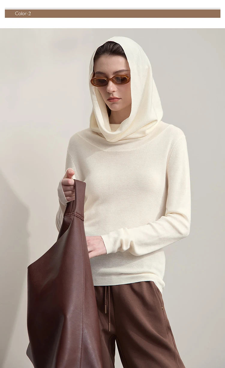 AMII Damenpullover Beige mit drapiertem Cowl-Kragen und langen Ärmeln