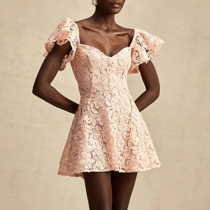 Elegantes Damenkleid mit Rundhalsausschnitt, kurzen Ärmeln und Pailletten-Patchwork-Design – ideal für besondere Anlässe.