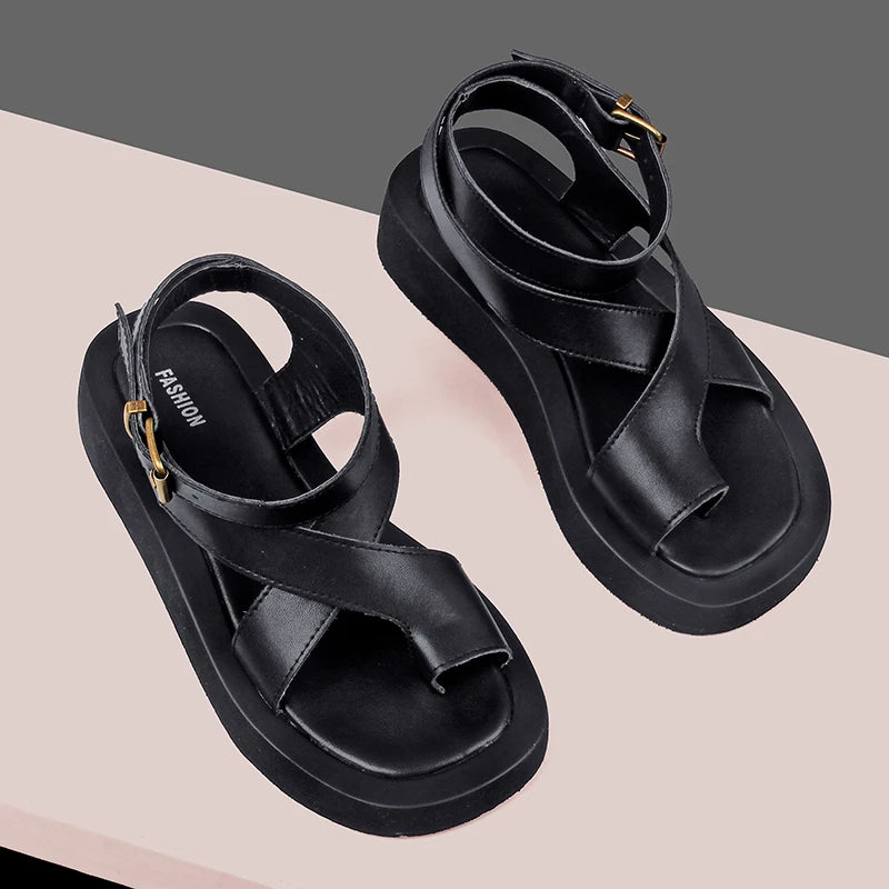 AIYUQI Sandalen Frauen Echtes Leder 2025, Sommer Neue Clip Toe Sandalen Damen Römischen Frauen Schuhe Muffin Sandalen WHS MTO