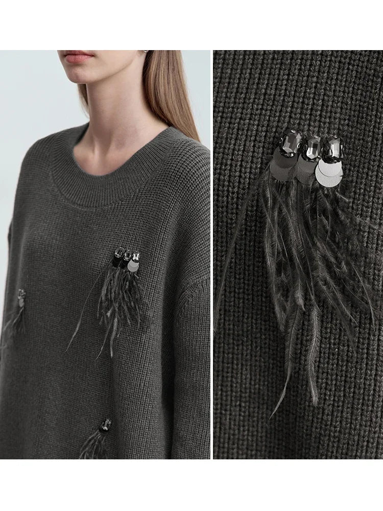 Damen-Rundhalspullover Perlen Strassapplikation locker Winter