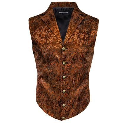 Feinwoll-Herrenweste mit Paisley, braun-orange, Knöpfe vorn