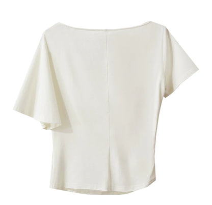 Damen T-Shirt im Minimalismus-Stil mit asymmetrischem Slash Neck und Raffen