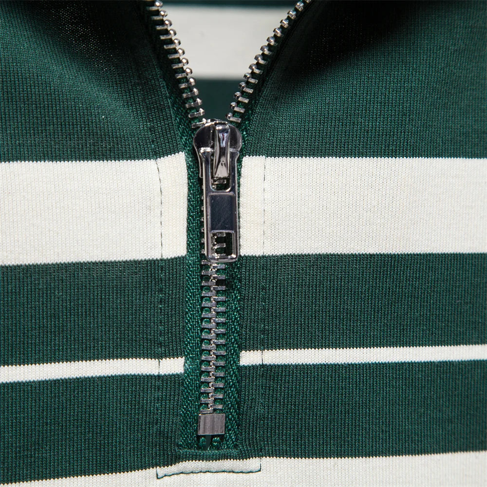 Herren Langarm Polo Shirt aus Baumwolle mit gestreiftem Reißverschluss