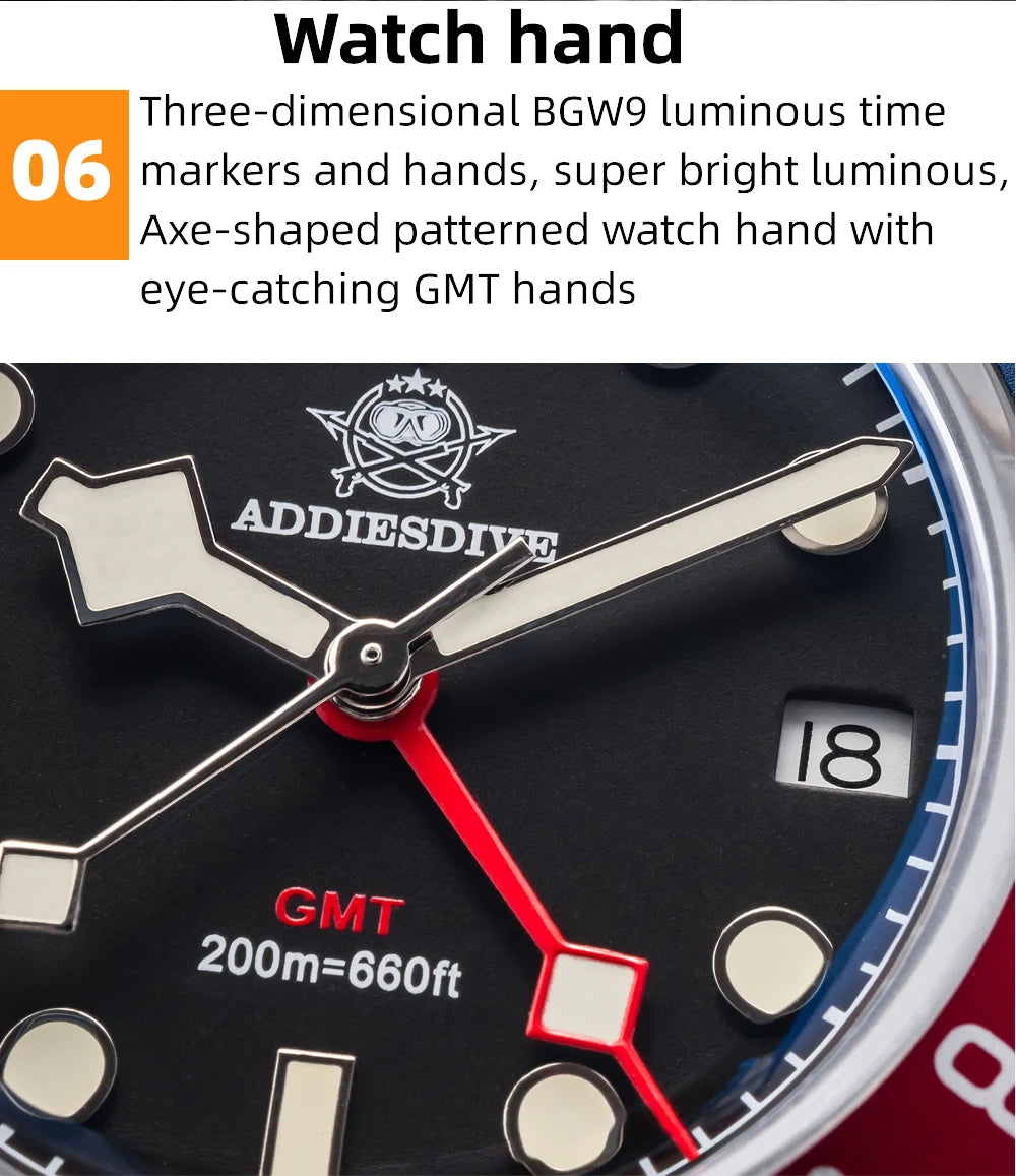 GMT Herren-Taucheruhr Quarz 200m wasserdicht Bubble-Glas BGW9 Leuchtzeiger AD2044