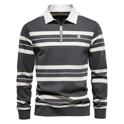 Herren Langarm Polo Shirt aus Baumwolle mit gestreiftem Reißverschluss