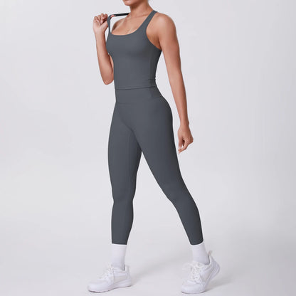 Damen Yoga-Set mit Trägertop und 3/4-Leggings, einfarbig dunkelgrau, seitlich