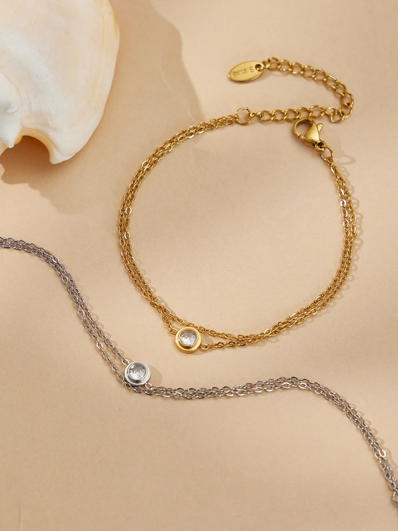 Damen-Armband Doppelkette mit Zirkonia-Solitär