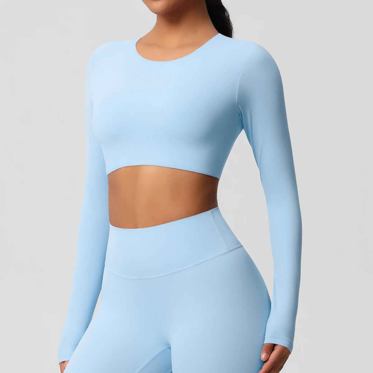 Sporttop für Damen, langarm, rundhalsausschnitt, himmelblau, figurbetont