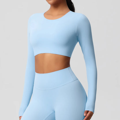 Sporttop für Damen, langarm, rundhalsausschnitt, himmelblau, figurbetont