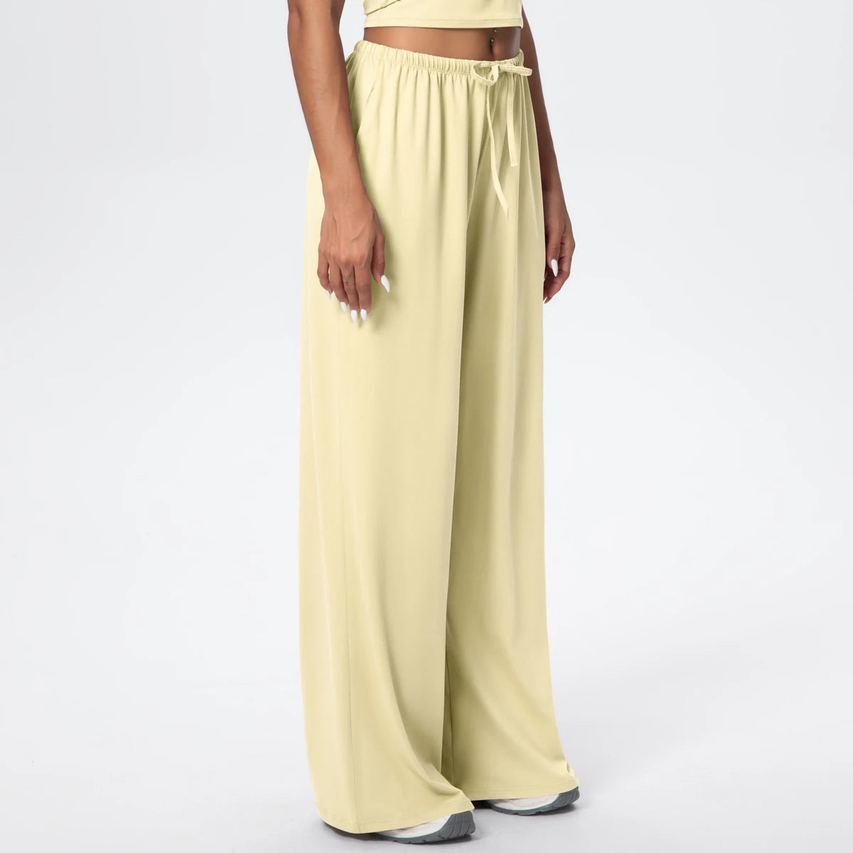 Yoga-Hose Damen mit hoher Taille, locker fallend, Seitentaschen, gelblich-cremefarben