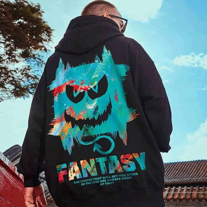 Herren Hoodie mit Graffiti-Teufel Druck im übergroßen Harajuku Stil