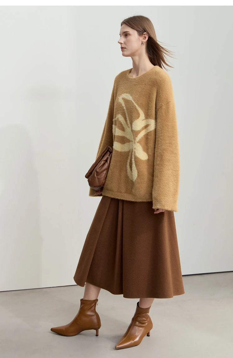 Damen-Jacquardpullover braun mit floralen Jacquardmuster, locker und weit