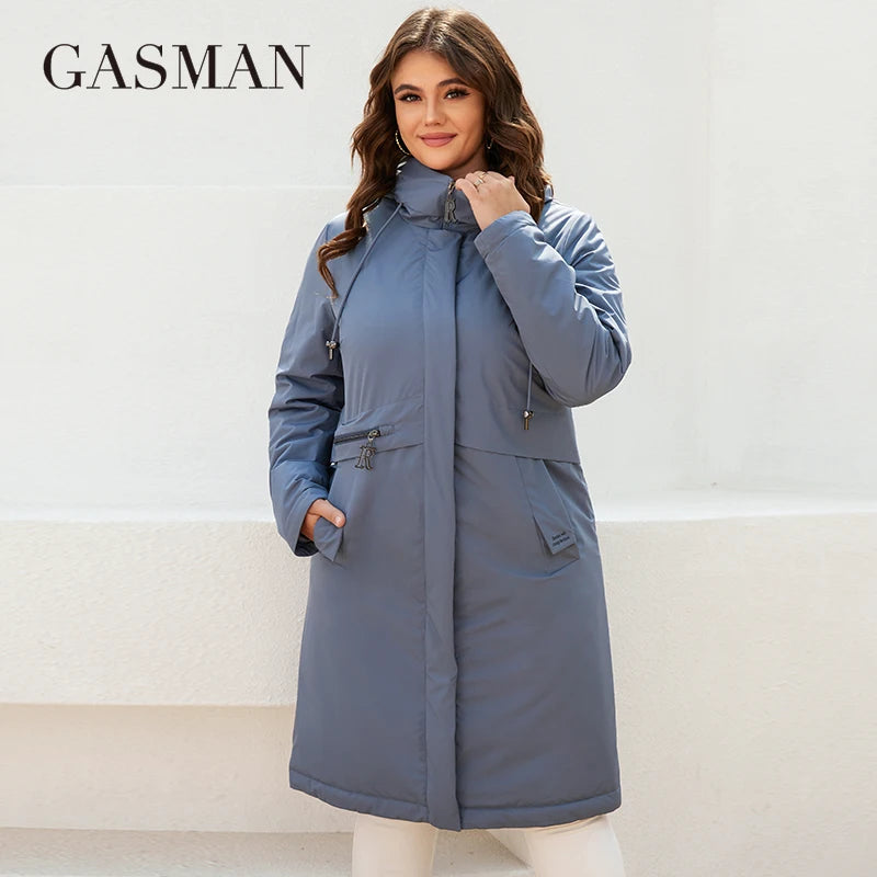 Kurze Damen-Daunenjacke mit Kapuze und Taschen – lässiger Parka in Übergröße