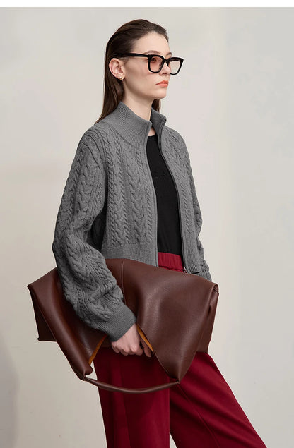 Damen-Rollkragen-Strickjacke Reißverschluss schlank Herbst