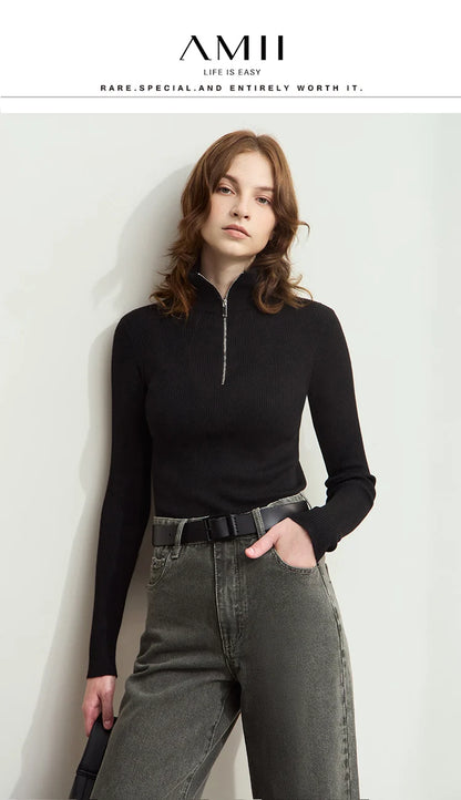 Damen-Strickjacke Stehkragen Reißverschluss Slim Streetwear Winter