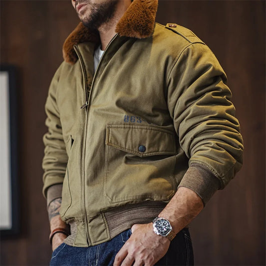 Herren Bomberjacke Vintage Baumwolle Reißverschluss Pelzkragen Reverstaschen grün