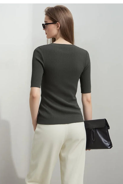 Damen V-Ausschnitt Pullover Viskose Halbarm Slim Büro Sommer