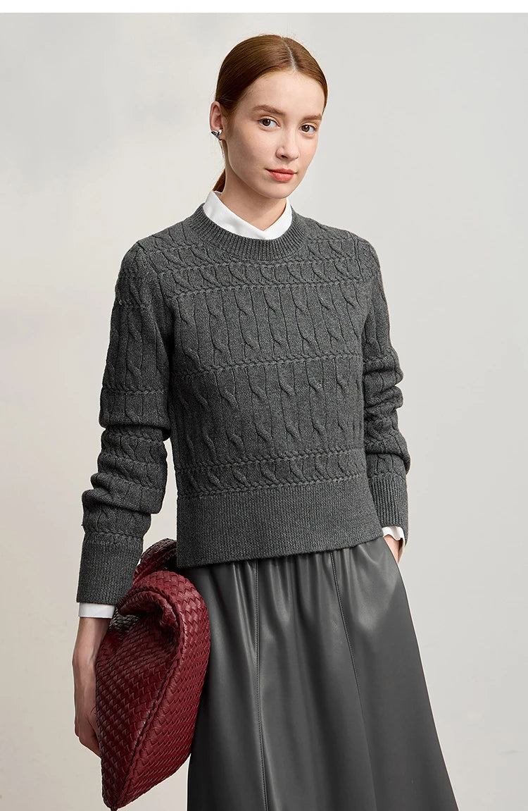 Damen-Rundhalspullover kurz einfarbig Retro locker Winter