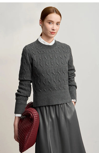 Damen-Rundhalspullover kurz einfarbig Retro locker Winter