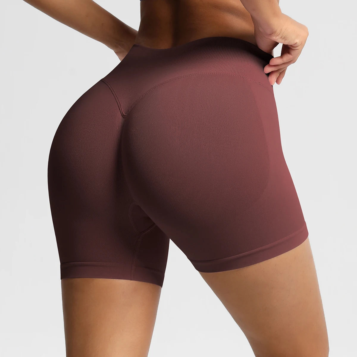 Damen-Sportshorts mit hoher Taille, bordeauxfarben, eng geschnitten