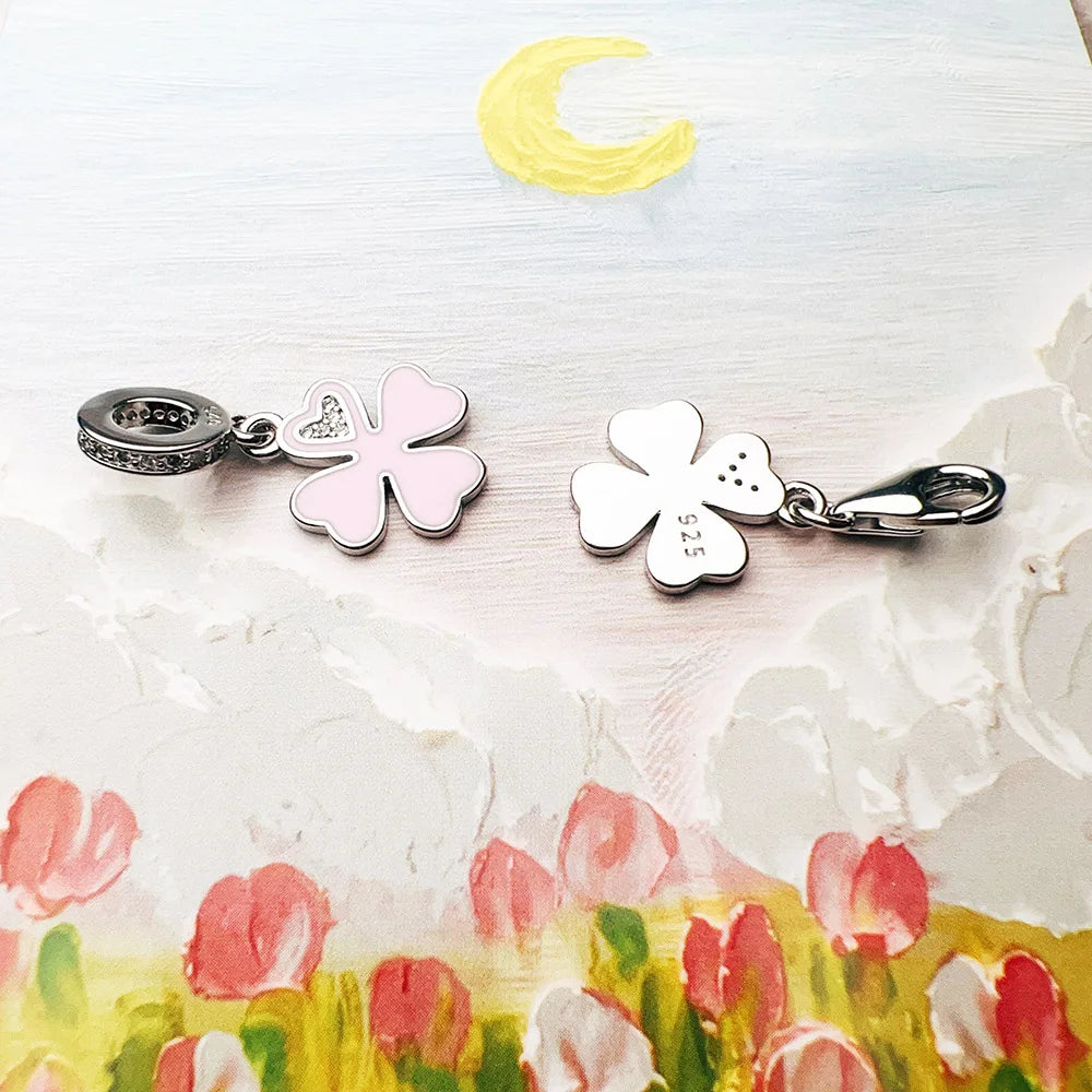 Damen-Charm-Anhänger rosa Kleeblatt weißer Stein Glück aus Sterlingsilber