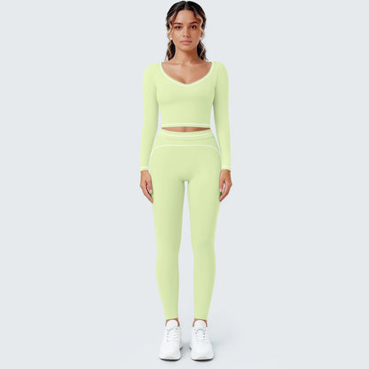 Damen-Yogaset mit Langarmoberteil und Leggings, hellgrün, mit Kontrastband
