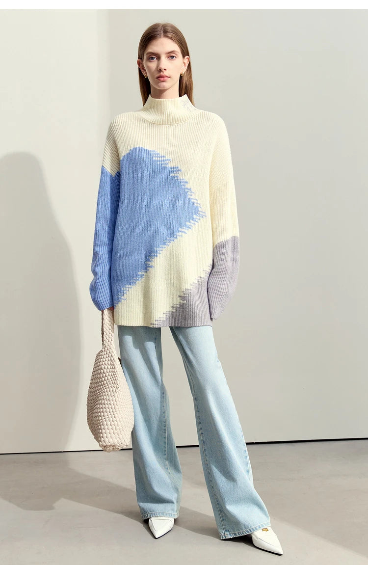 Damen-Rollkragenpullover Stickerei locker Winter Wolle-Mix
