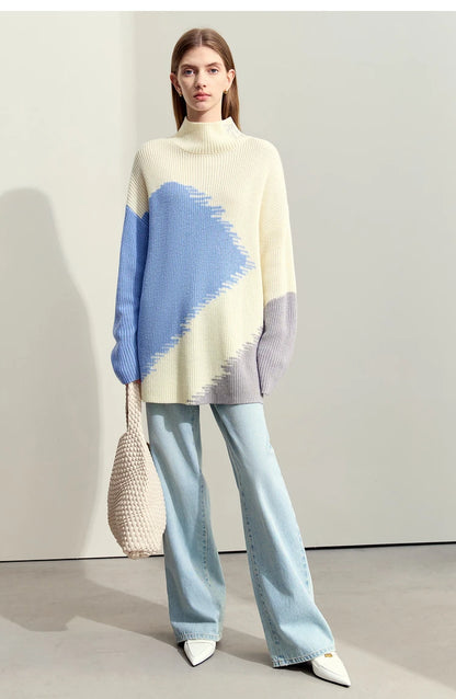 Damen-Rollkragenpullover Stickerei locker Winter Wolle-Mix