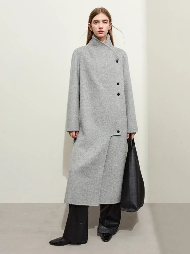 Damen Wollmantel im Minimalistischen Stil mit Stehkragen und Doppelseitigem Schlitz