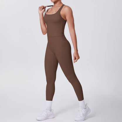 Damen-Yoga-Set: braunes Tanktop und Leggings, körperbetont, knapp über dem Knöchel