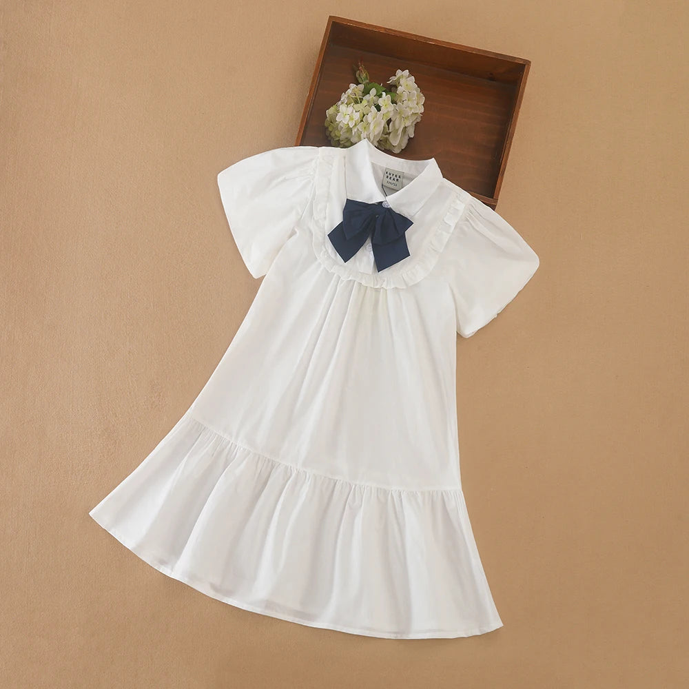 Mädchenkleid mit marineblauer Schleife, 100 % Baumwolle, kurzärmeliges, plissiertes Hemdkleid für lässige Schulkleidung, 5–12 Jahre, Sommerkleidung