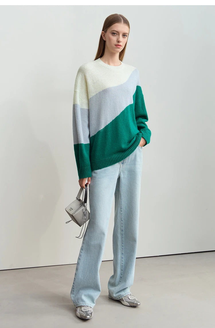 Damenpullover mit Rundhalsausschnitt, Farbblock-Design in Creme, Hellblau und Dunkelgrün