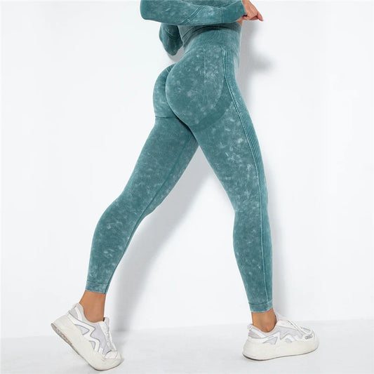 Nahtlose Yoga-Leggings mit hoher Taille, türkis gemustert, schmal geschnitten, 7/8-Länge