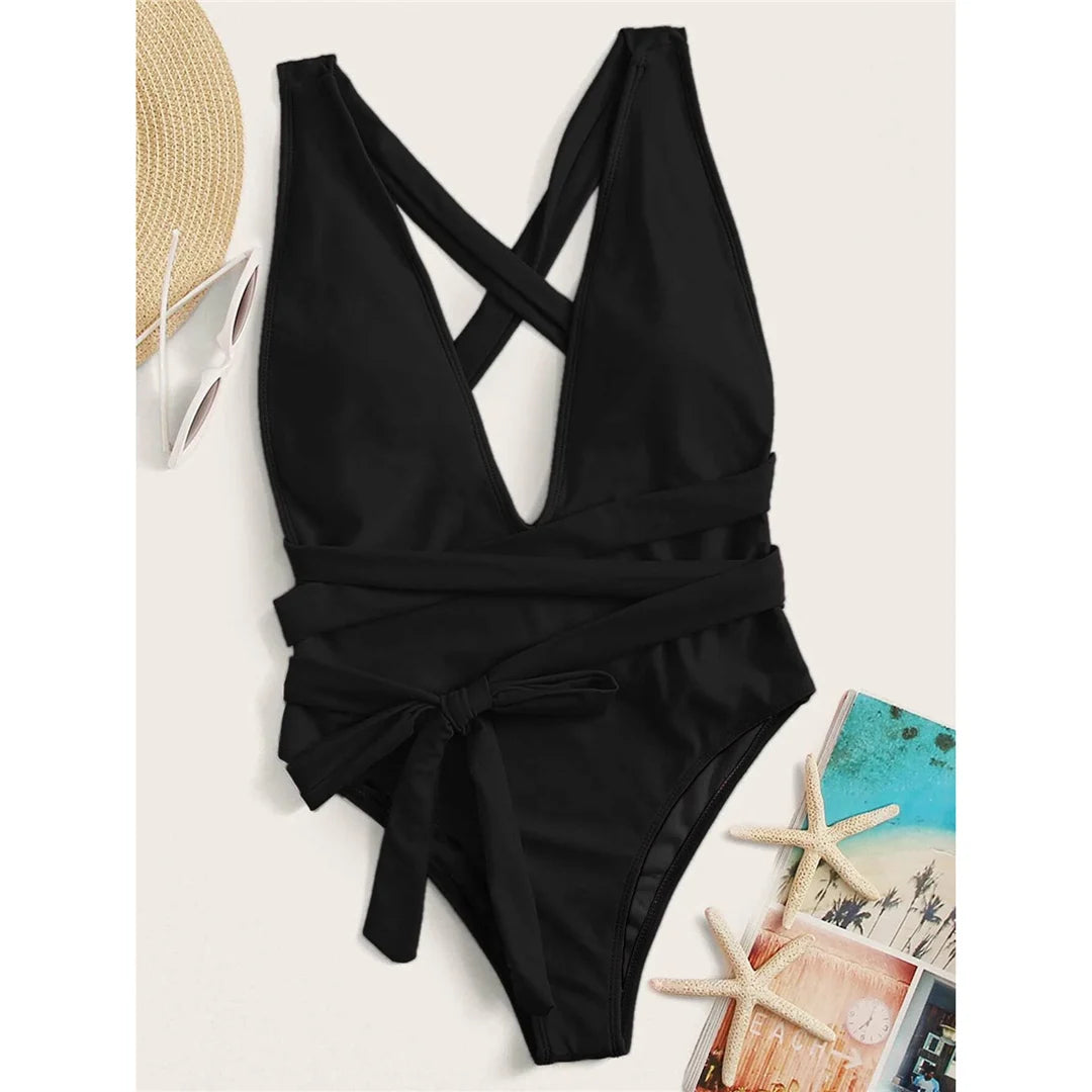 Damen-Badeanzug tiefer V-Ausschnitt Wickel Verband rückenfrei Monokini