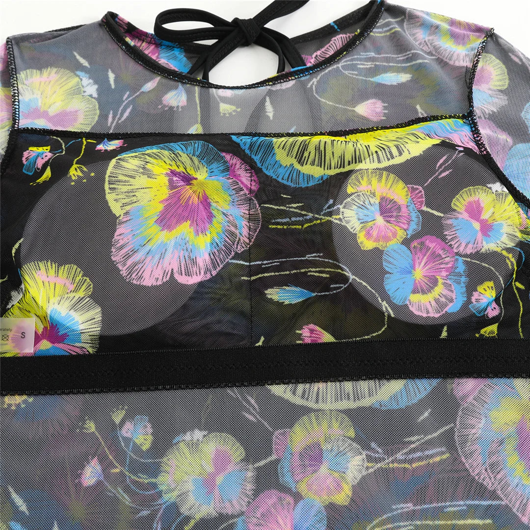 Damen-Badeanzug 3-teilig Print Langarm Sarong-Set gepolstert