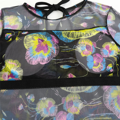 Damen-Badeanzug 3-teilig Print Langarm Sarong-Set gepolstert