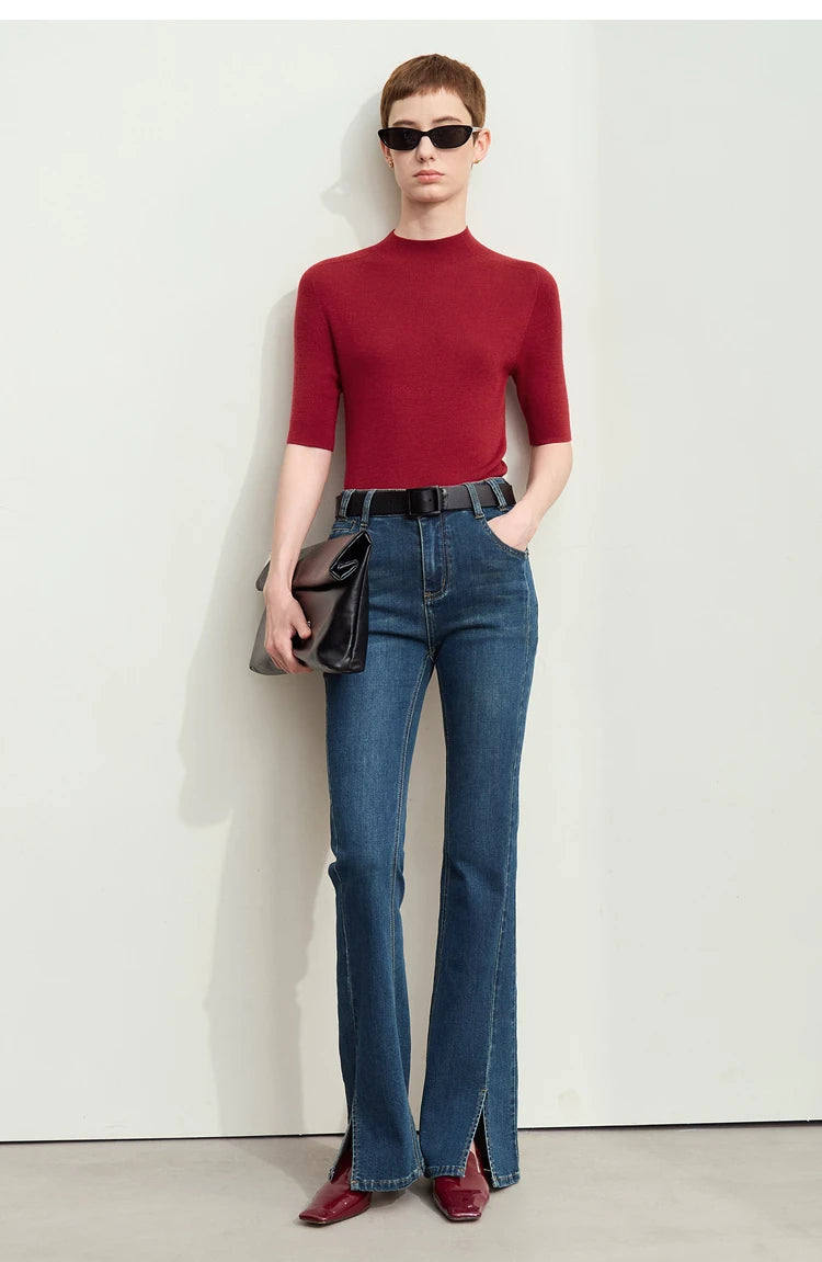 Damenpullover mit halbem Rollkragen, kurze Ärmel, weinrot, Slim-Fit Strick
