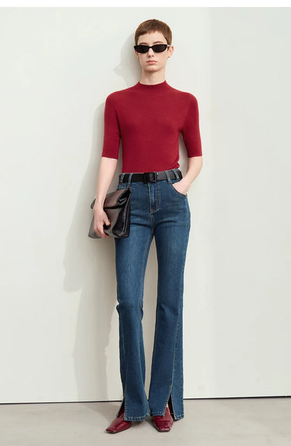 Damenpullover mit halbem Rollkragen, kurze Ärmel, weinrot, Slim-Fit Strick