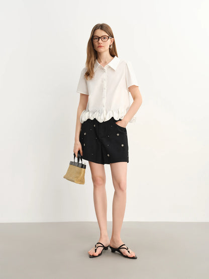Damen-Hose mit elastischem Bund und Kordelzug, weites Bein, lässig und hoch tailliert – ideal für den Sommer.
